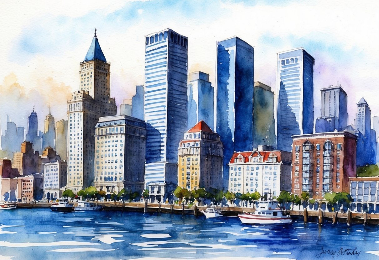 A bustling cityscape with high-rise buildings and waterfront properties in Jersey City, NJ
