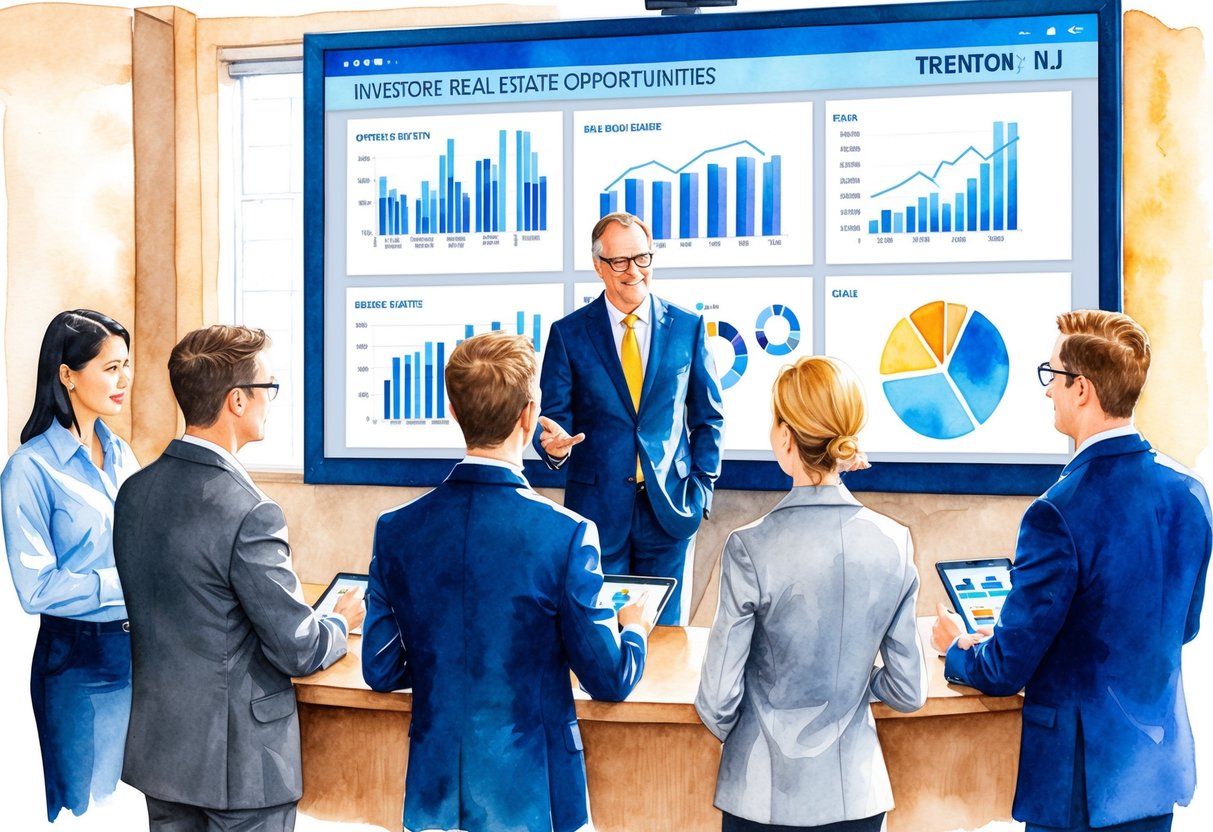 A group of investors discussing real estate opportunities in Trenton, NJ, with charts and graphs displayed on a large screen