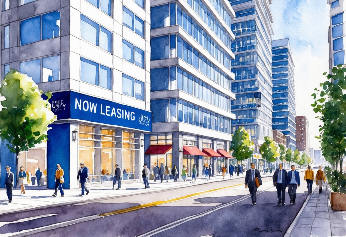 A bustling downtown street in Jersey City, with modern office buildings, restaurants, and people walking to work. A "now leasing" sign is displayed outside a new high-rise apartment building
