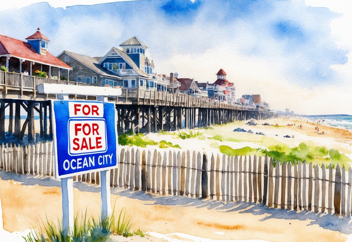 A beachfront property in Ocean City, NJ with a "For Sale" sign and a bustling boardwalk in the background