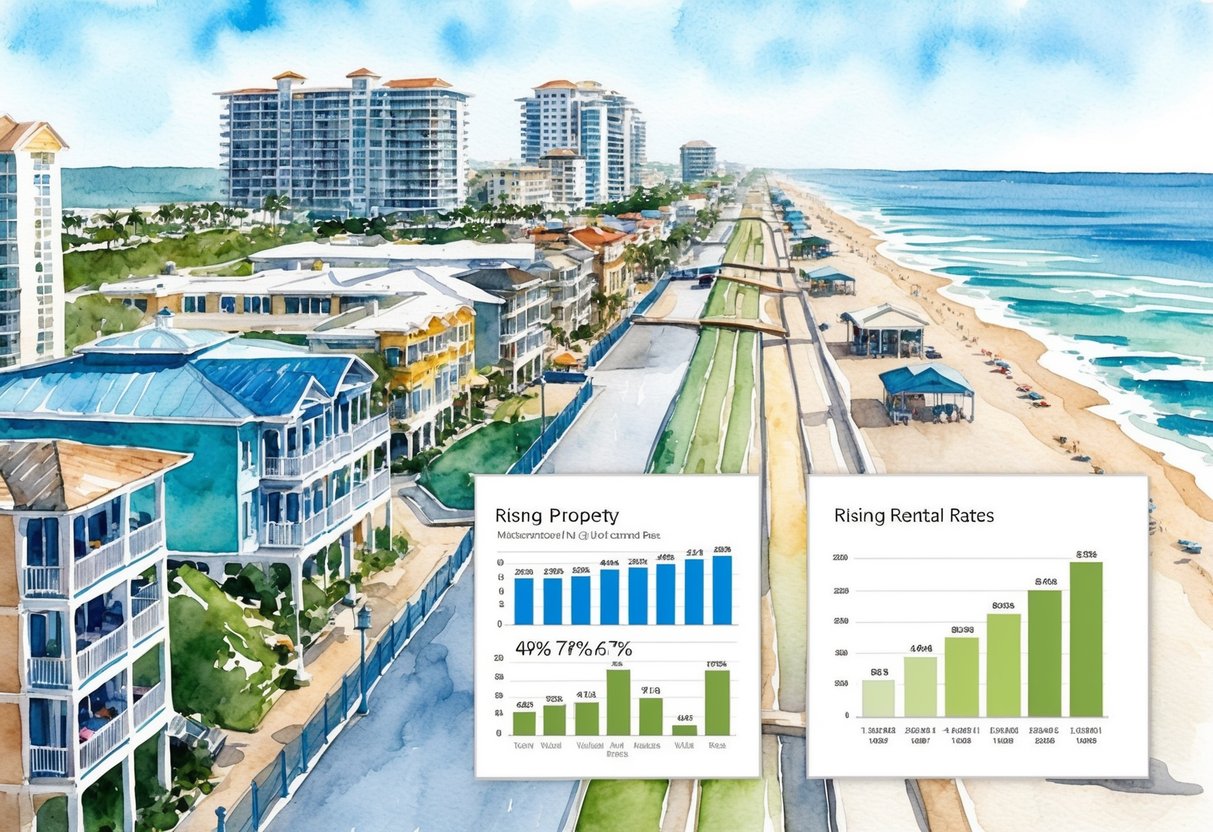 A bustling boardwalk with oceanfront condos, hotels, and rental properties. Charts and graphs showing rising property values and rental rates