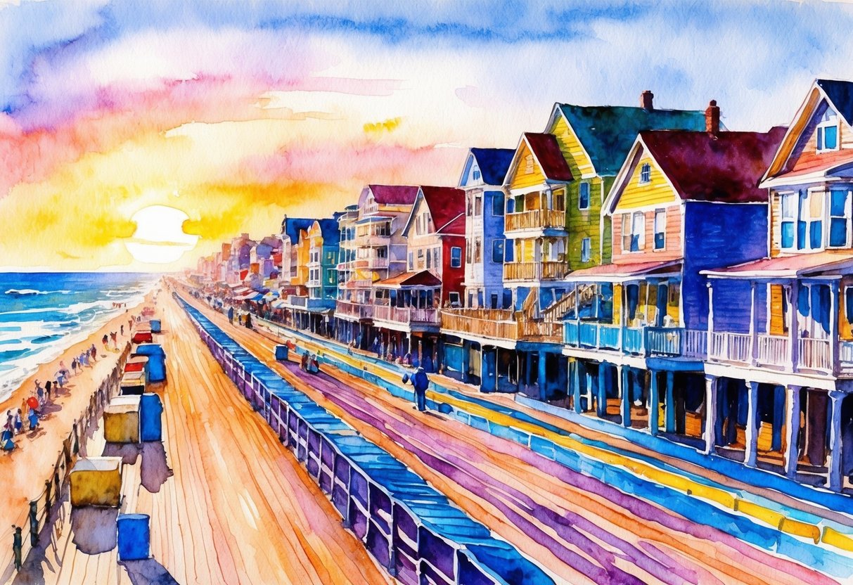 A vibrant boardwalk lined with colorful beachfront properties in Atlantic City, NJ. The sun sets over the ocean, casting a warm glow on the bustling streets and lively atmosphere