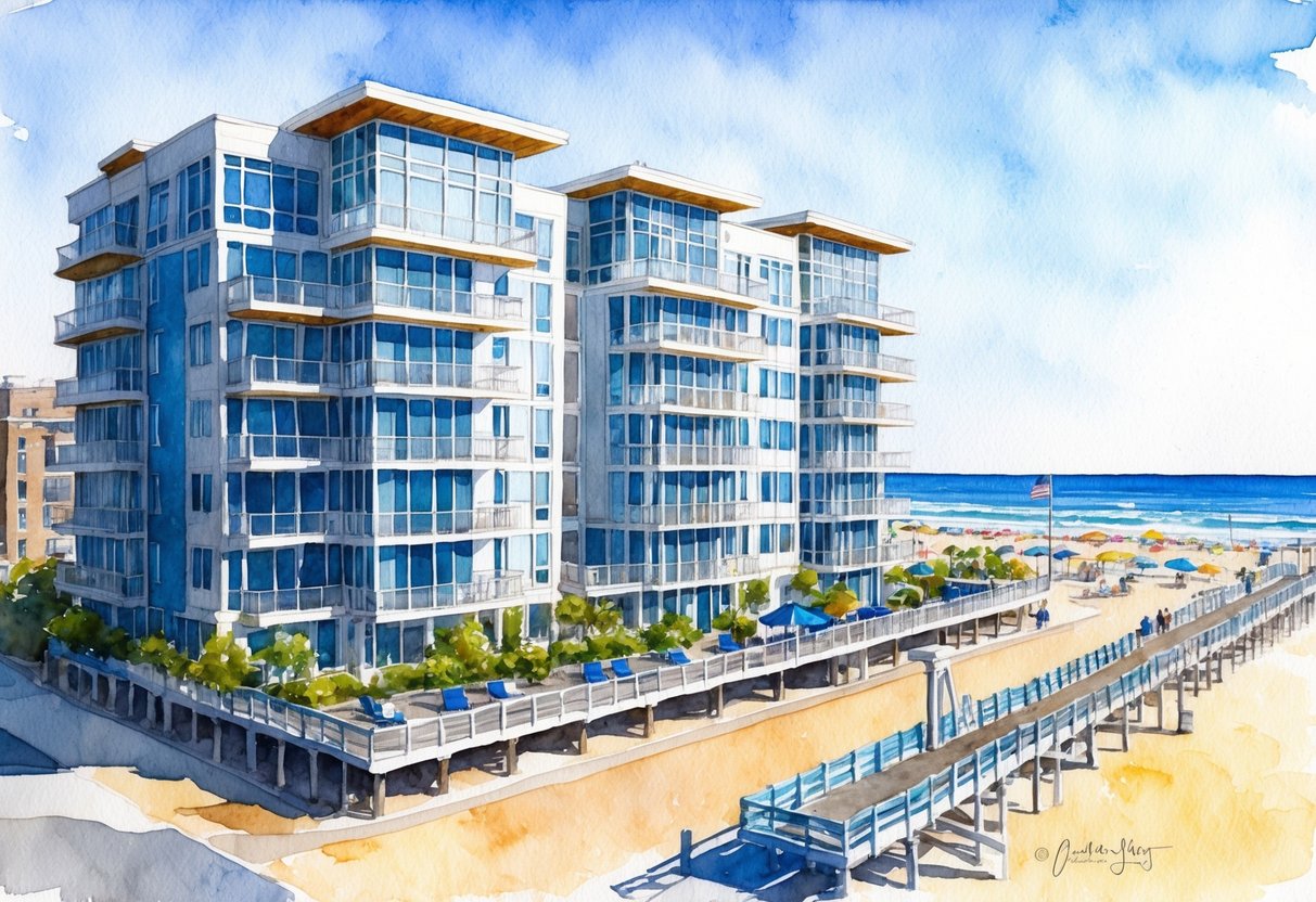 A sunny beachfront with modern condos and vacation rentals in Ocean City, NJ, surrounded by bustling boardwalk and ocean views