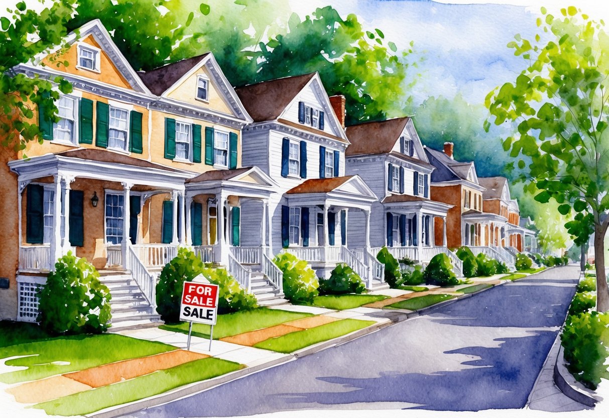 A row of charming historic homes in Vineland, NJ, surrounded by lush greenery and well-maintained sidewalks, with a "For Sale" sign in front of one