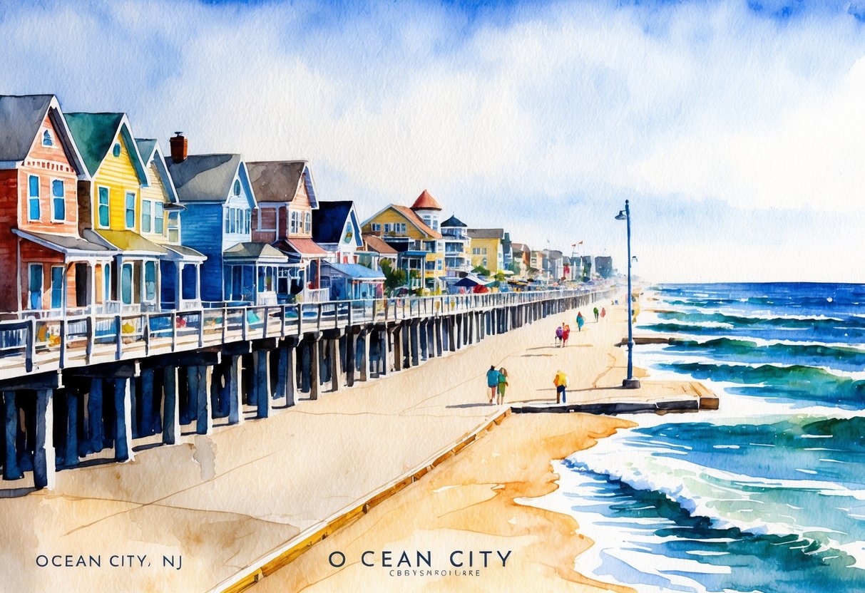 A bustling boardwalk lined with colorful beachfront properties, surrounded by the sound of crashing waves and the smell of saltwater in Ocean City, NJ