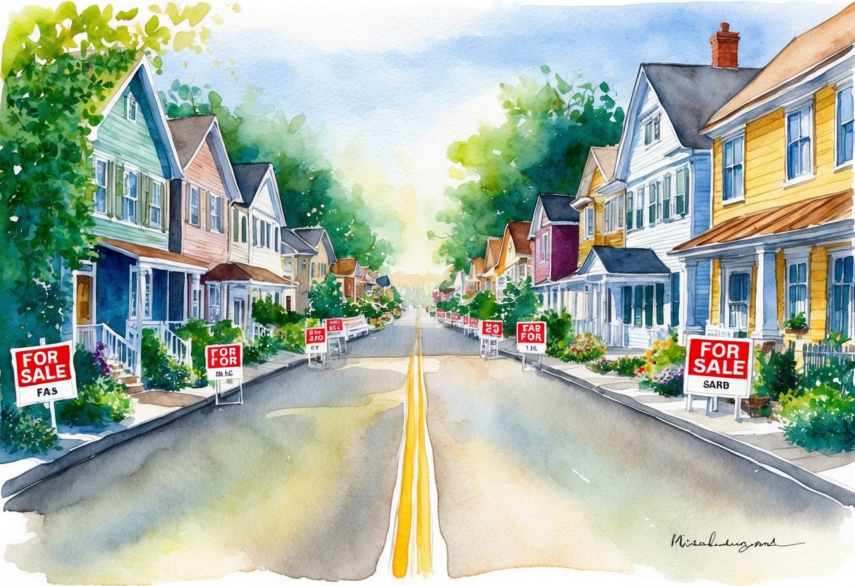 A bustling Vineland street with rows of diverse homes and "For Sale" signs, surrounded by greenery and a sense of community