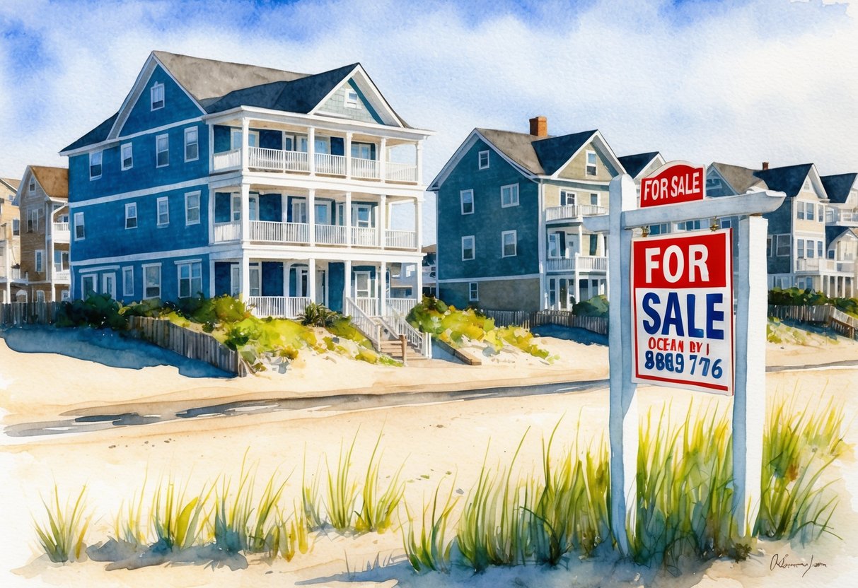 A beachfront property in Ocean City, NJ with a "For Sale" sign, surrounded by other investment properties