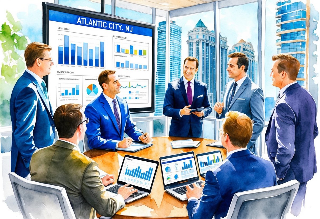 A group of investors discussing real estate in Atlantic City, NJ, with charts and graphs displayed on a large screen