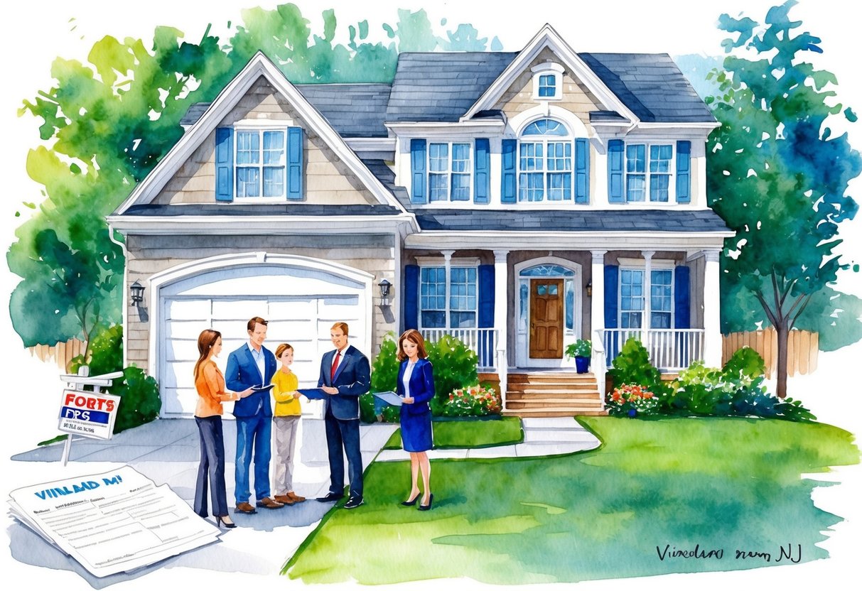 A family stands outside a charming suburban home, surrounded by real estate agents and paperwork, as they prepare to purchase their new property in Vineland, NJ