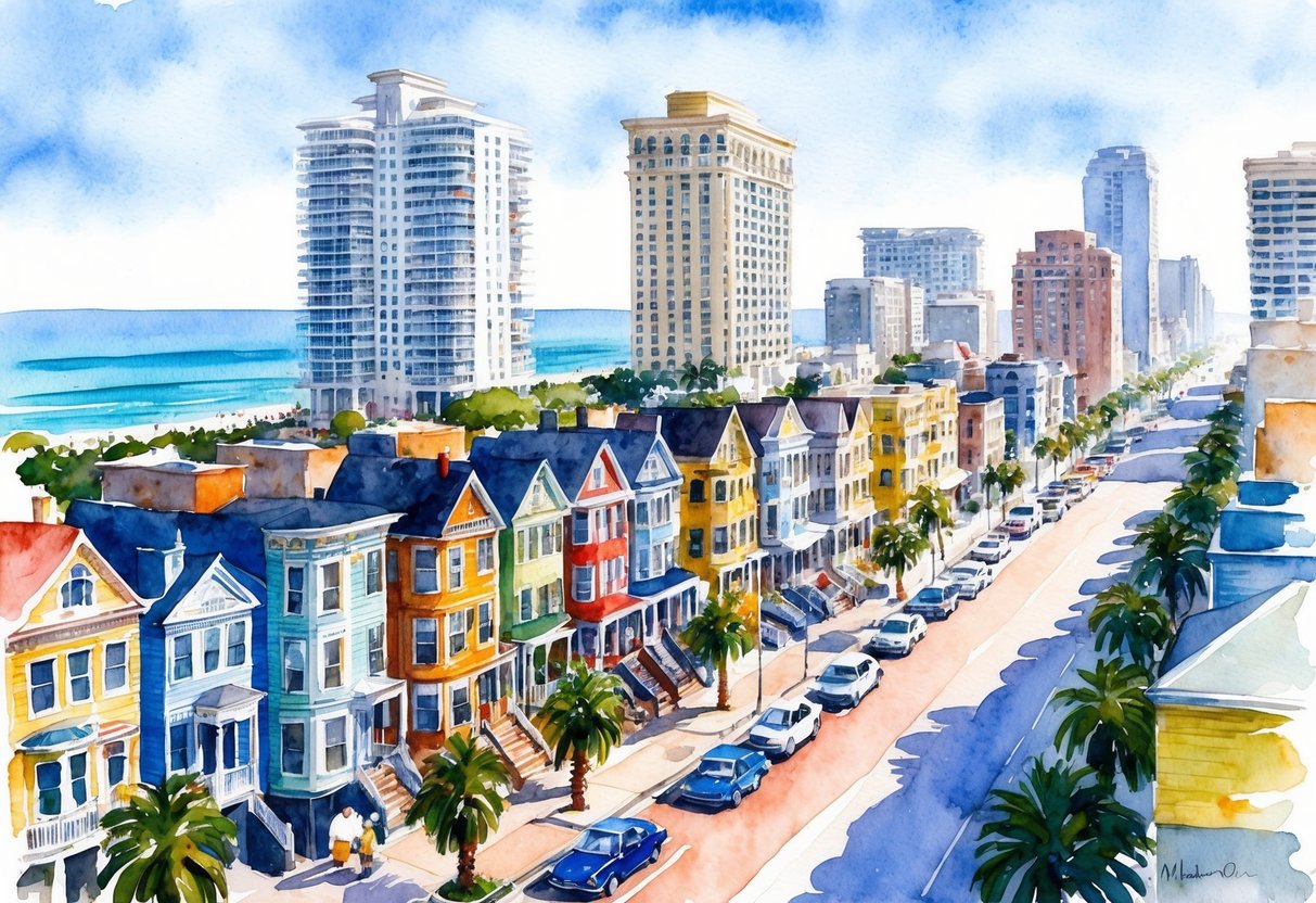 A bustling Atlantic City street with colorful row houses and high-rise buildings, surrounded by palm trees and a view of the ocean