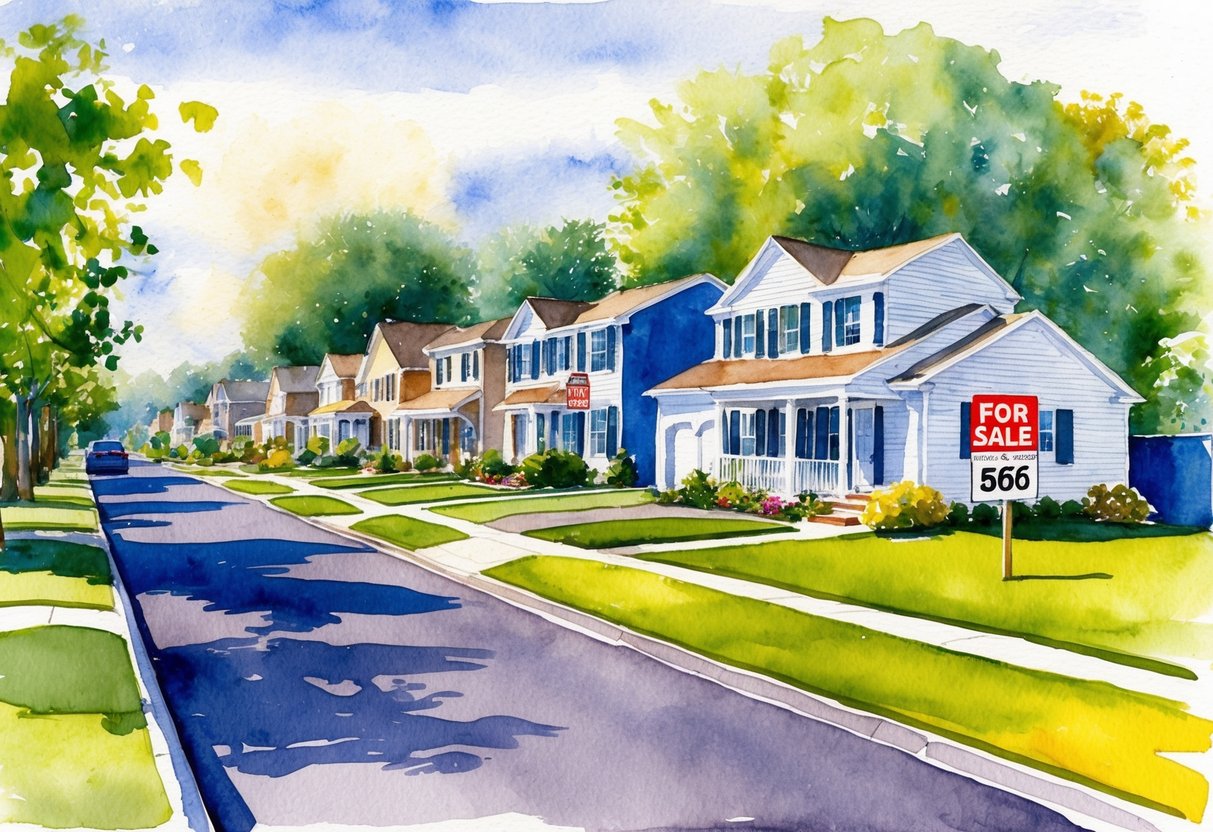 A sunny suburban street with "For Sale" signs, neat lawns, and well-maintained houses in Vineland, NJ