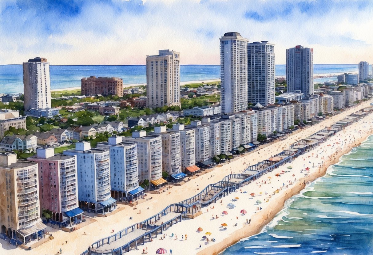 An aerial view of Atlantic City, NJ, with rows of beachfront properties and high-rise buildings, surrounded by a bustling boardwalk and a diverse mix of people