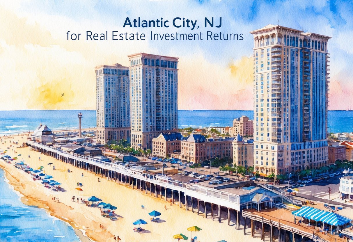 A sunny beachfront with high-rise buildings and a bustling boardwalk in Atlantic City, NJ, showcasing the potential for real estate investment returns