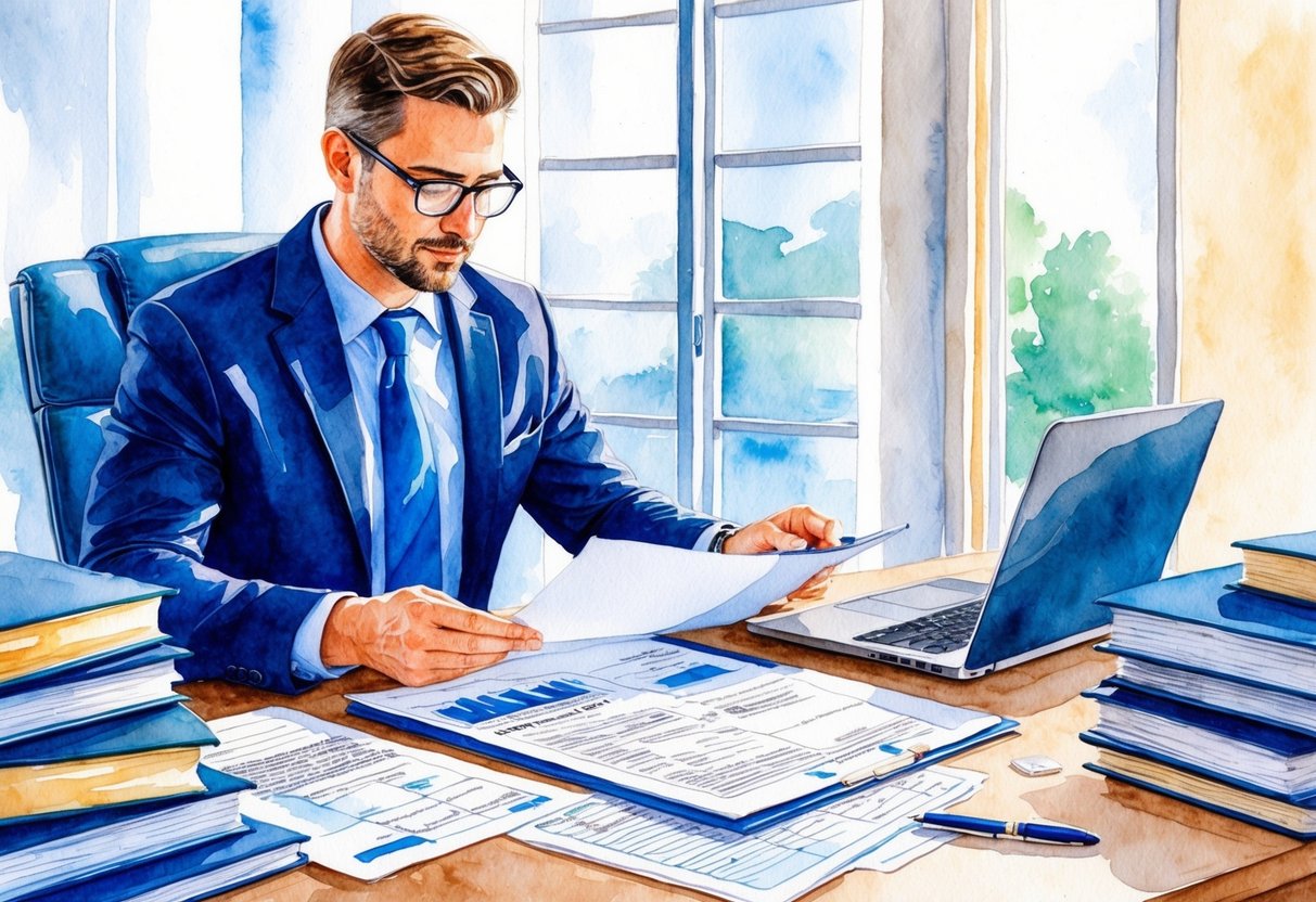 A real estate investor in Vineland, NJ reviews legal documents and regulations at a desk with a laptop, surrounded by law books and paperwork