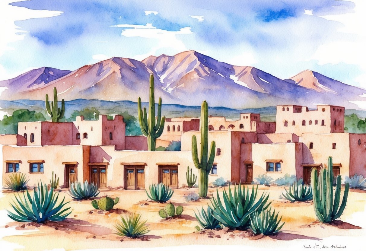 A desert landscape with adobe-style buildings and cacti, set against the backdrop of the Sangre de Cristo Mountains in Santa Fe, New Mexico