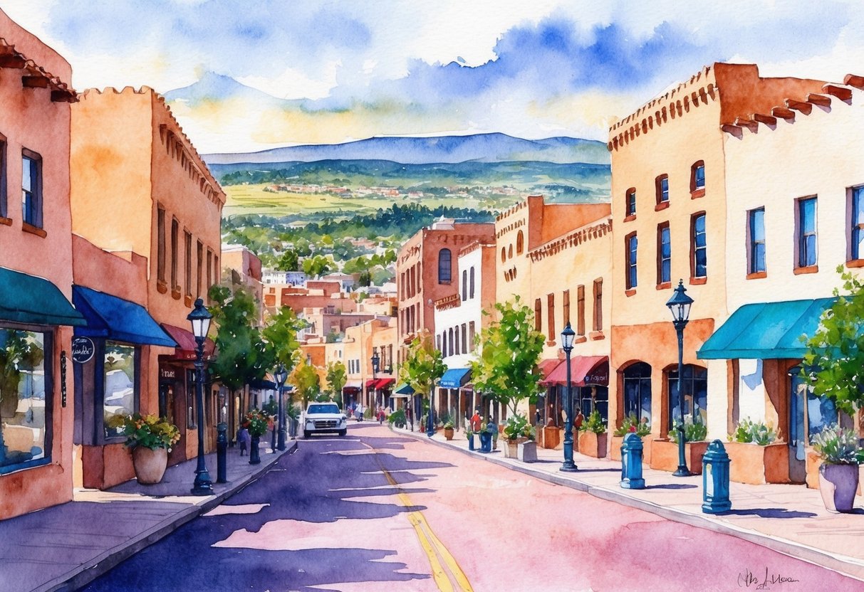 A bustling Santa Fe street lined with adobe-style buildings, featuring a mix of traditional and modern architecture, with a backdrop of the stunning New Mexico landscape