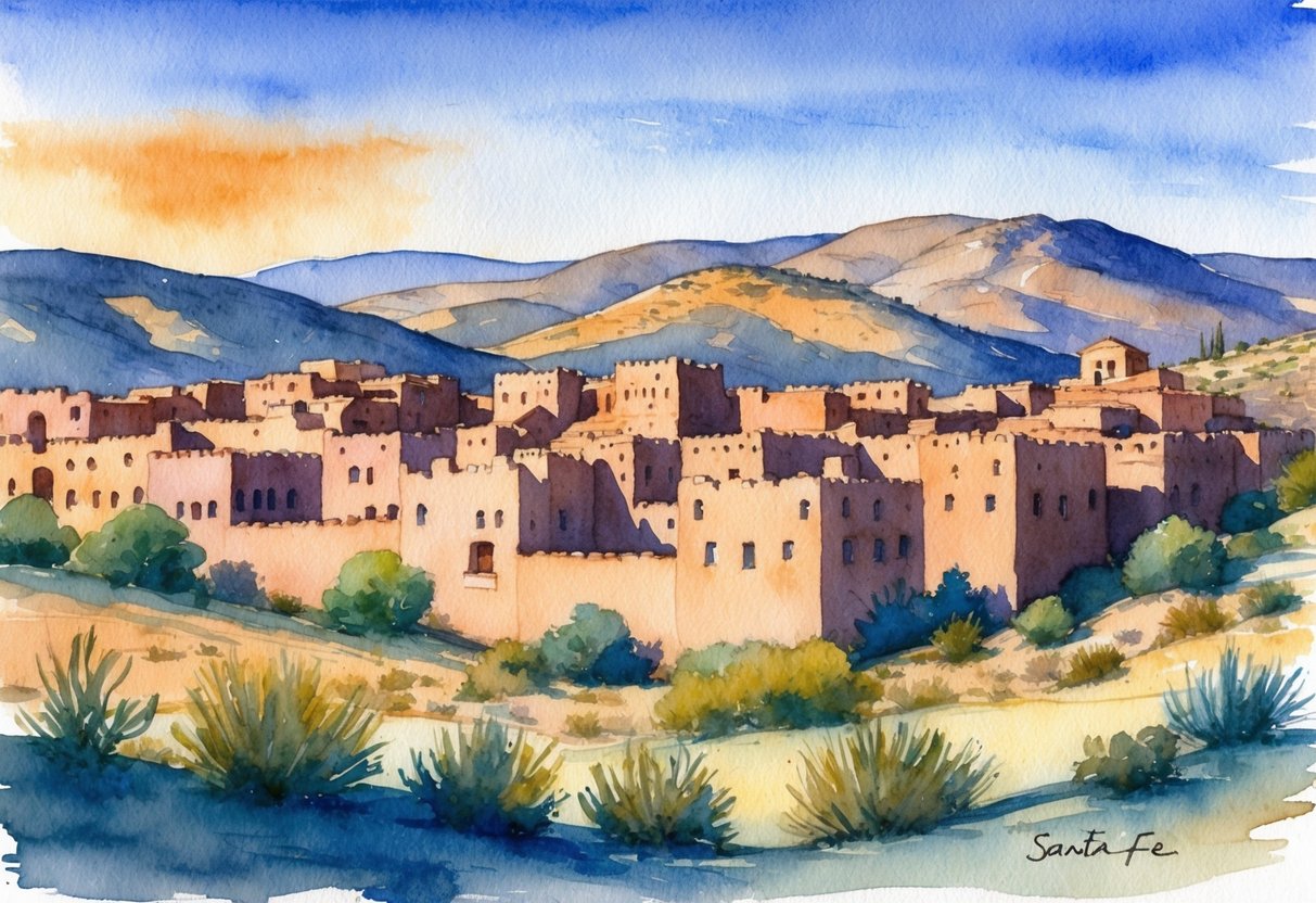 A desert landscape with adobe-style buildings nestled among the rolling hills of Santa Fe, New Mexico. A clear blue sky and the warm glow of the sun highlight the unique architecture and natural beauty of the area