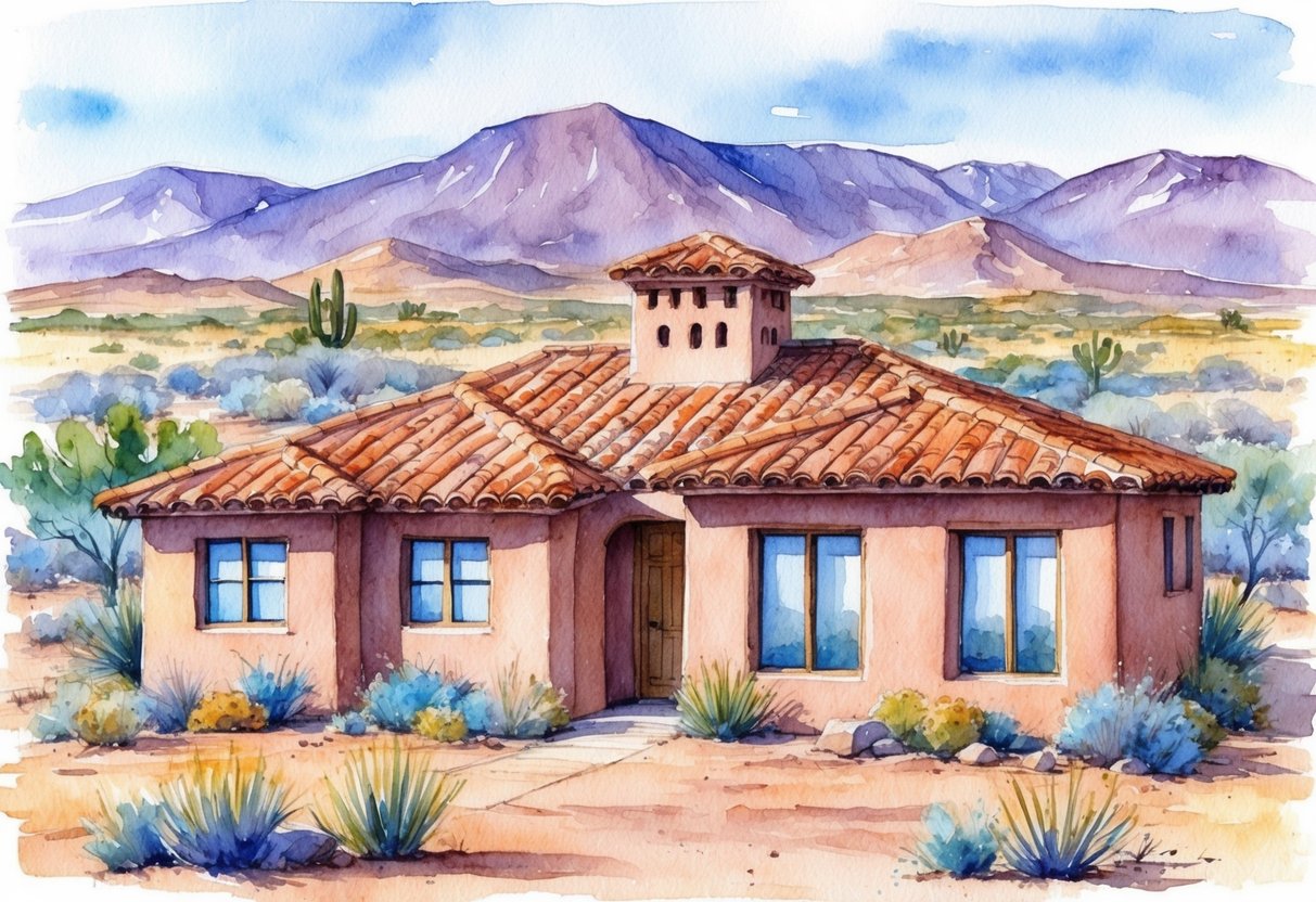 A southwestern adobe-style house with a terra cotta roof, surrounded by desert landscape and mountains in the background