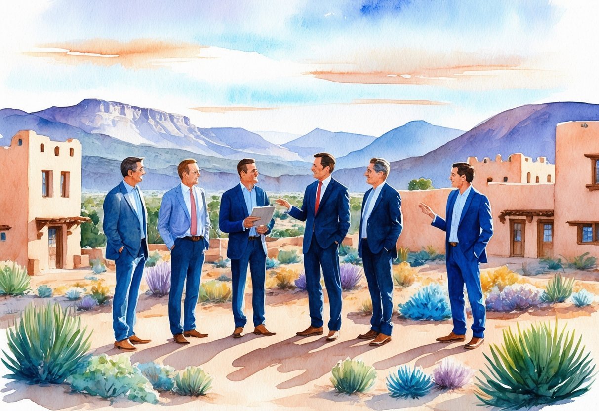 A group of investors discussing real estate in a scenic Santa Fe landscape with adobe buildings and desert surroundings