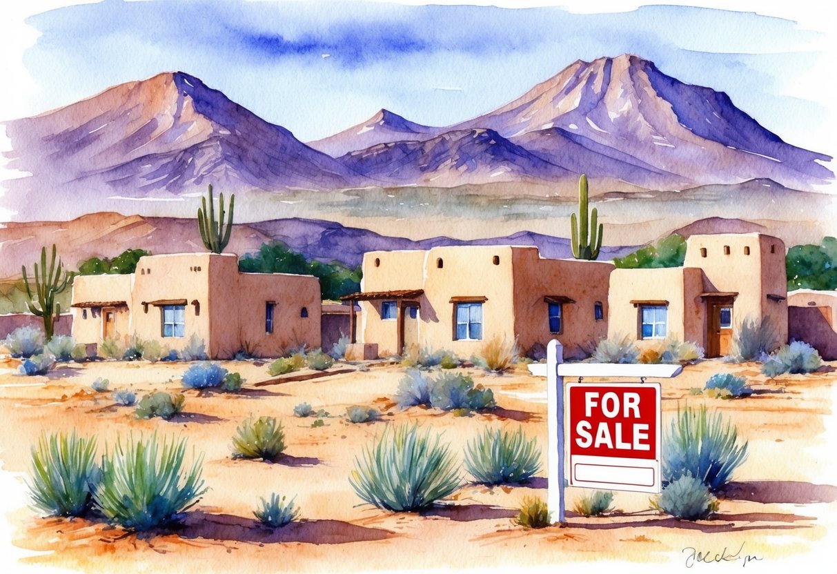 A desert landscape with adobe-style houses and mountains in the background. A "For Sale" sign is visible in the foreground