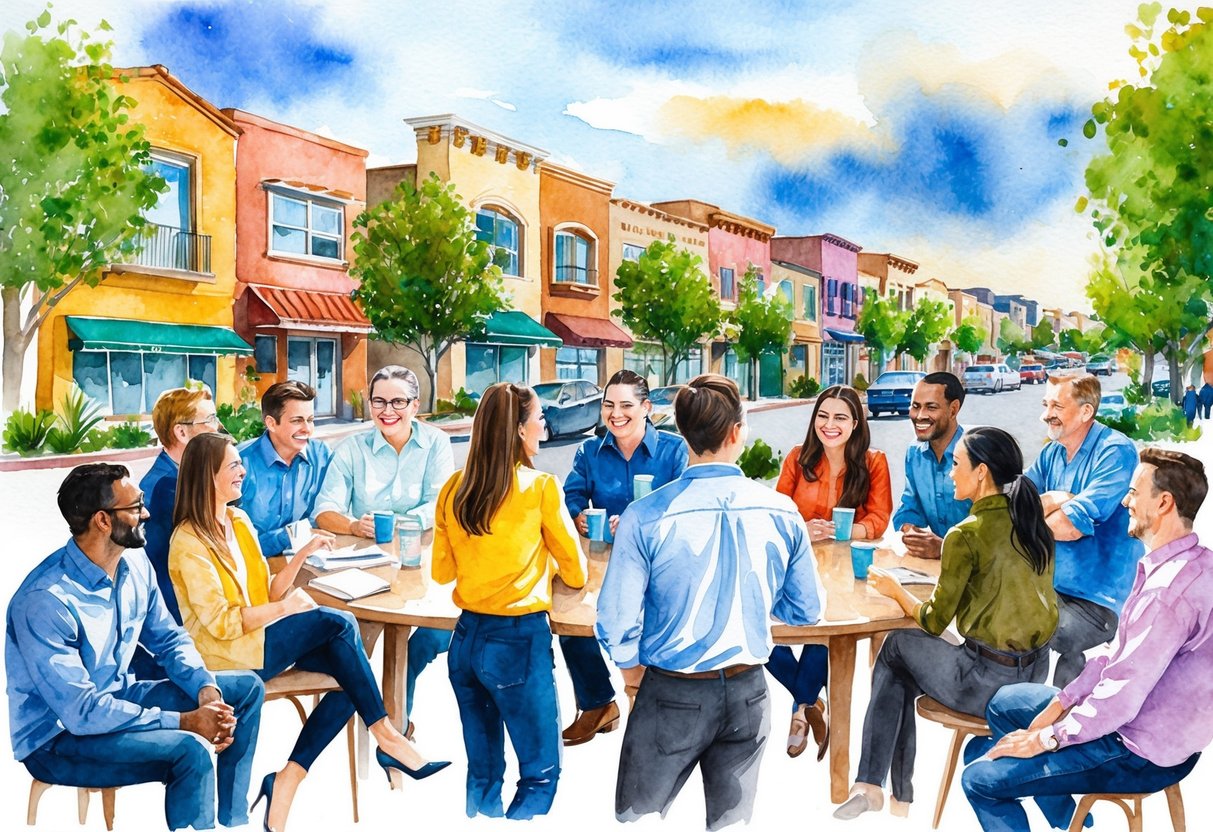 A group of diverse individuals gather in a vibrant Santa Fe neighborhood, discussing real estate investment opportunities and enjoying the local community