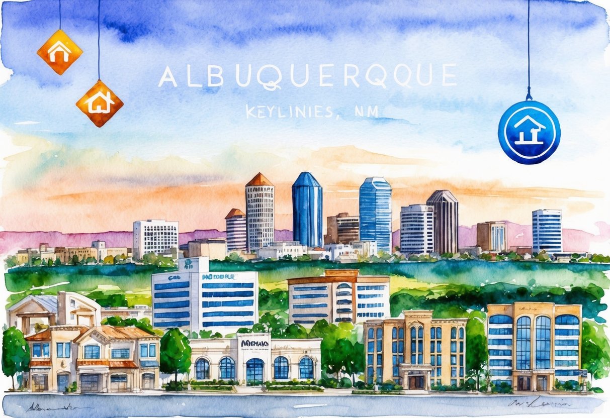 A skyline of Albuquerque, NM with various real estate properties and investment symbols in the foreground