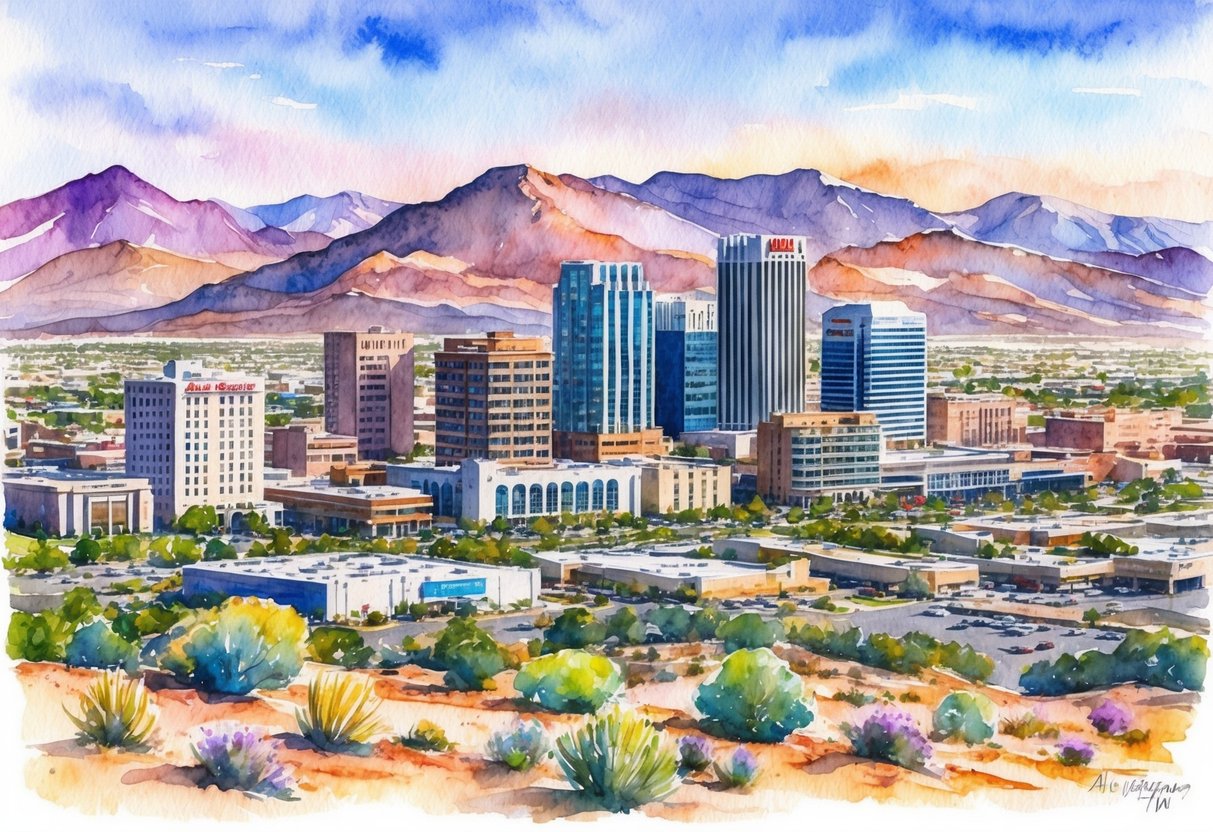 A skyline of Albuquerque, NM with a mix of residential and commercial properties, surrounded by mountains and a vibrant desert landscape