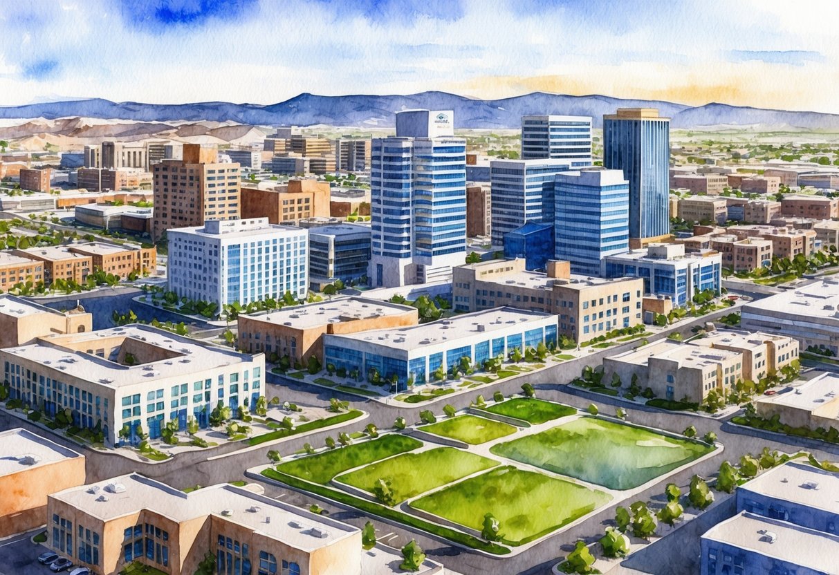 A bustling cityscape in Albuquerque, NM, with modern office buildings, residential complexes, and open land for potential real estate investment opportunities