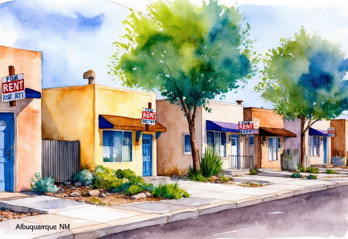 A row of rental properties in Albuquerque, NM, with "for rent" signs. Some properties show signs of maintenance and growth, while others are in need of repair