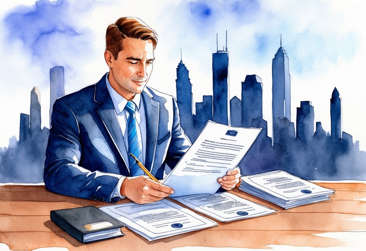 A real estate investor reviewing legal documents with a city skyline in the background