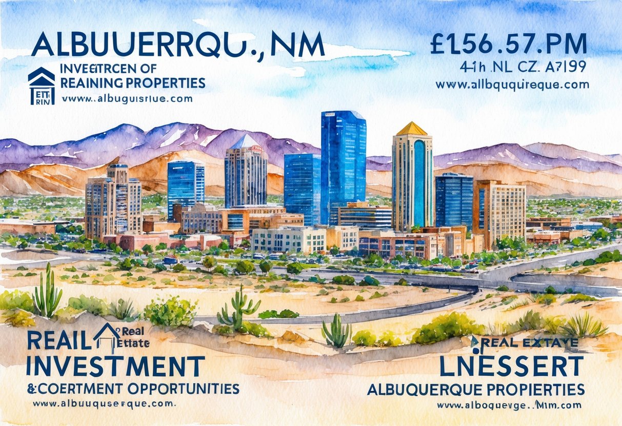 A skyline of Albuquerque, NM with various real estate properties and investment opportunities, surrounded by mountains and desert landscape
