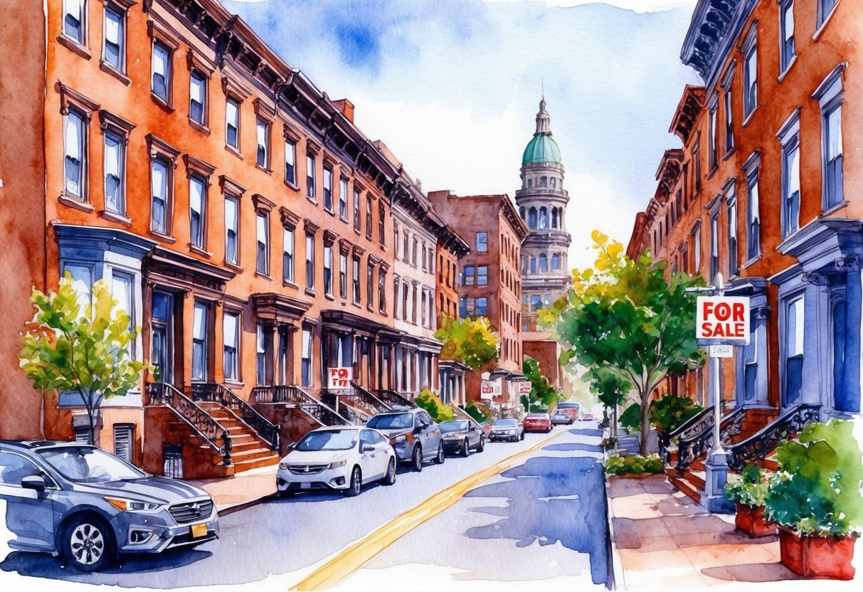 A row of historic brownstone buildings in Albany, NY, with "For Sale" signs and bustling streets
