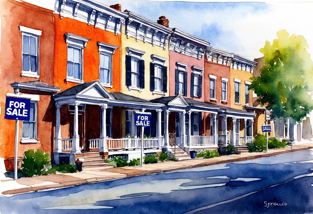 A row of historic homes in Syracuse, NY with "For Sale" signs