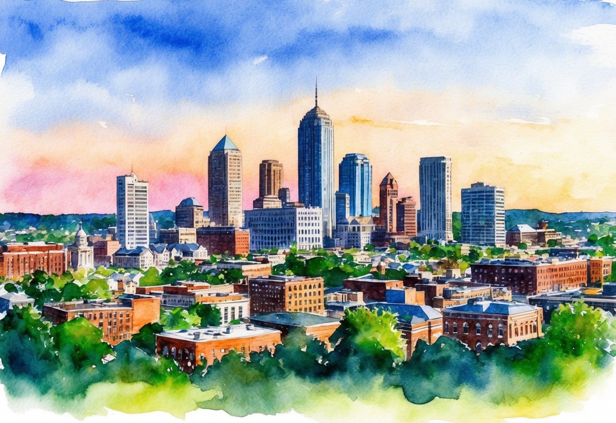 A panoramic view of Rochester, NY skyline with various real estate properties and investment opportunities
