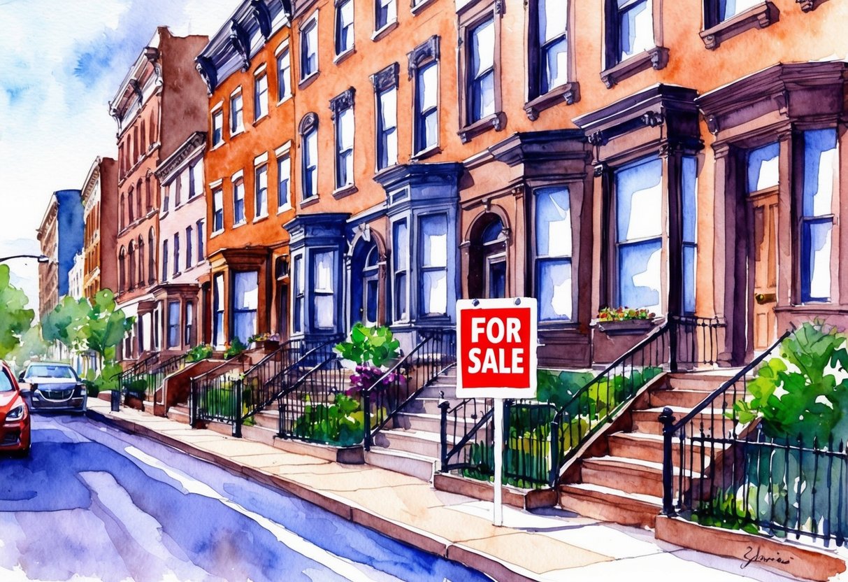 A bustling city street in Syracuse, with a mix of historic and modern buildings. A "For Sale" sign stands in front of a charming row of brownstones