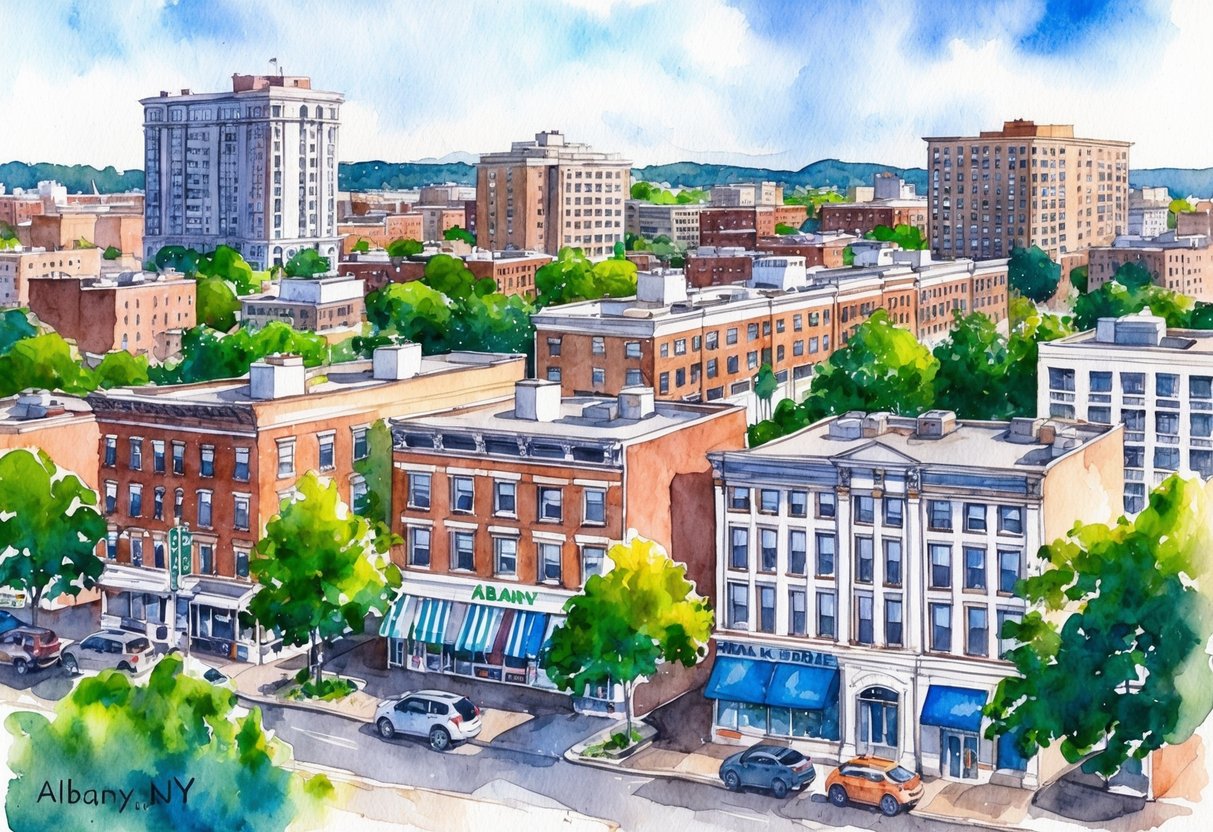 A bustling urban scene in Albany, NY featuring various types of real estate investments such as residential homes, commercial buildings, and apartment complexes