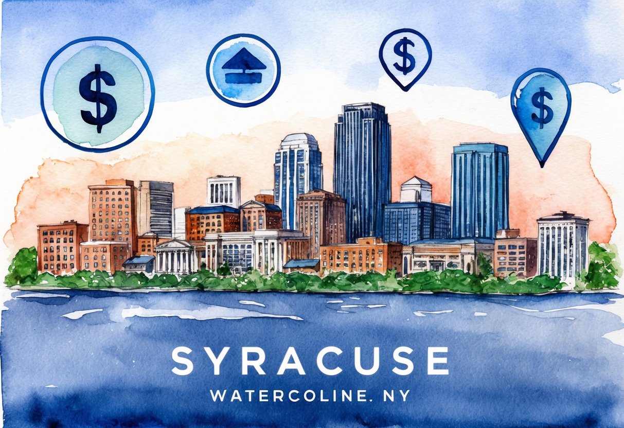 A skyline of Syracuse, NY with various real estate properties and investment symbols surrounding it