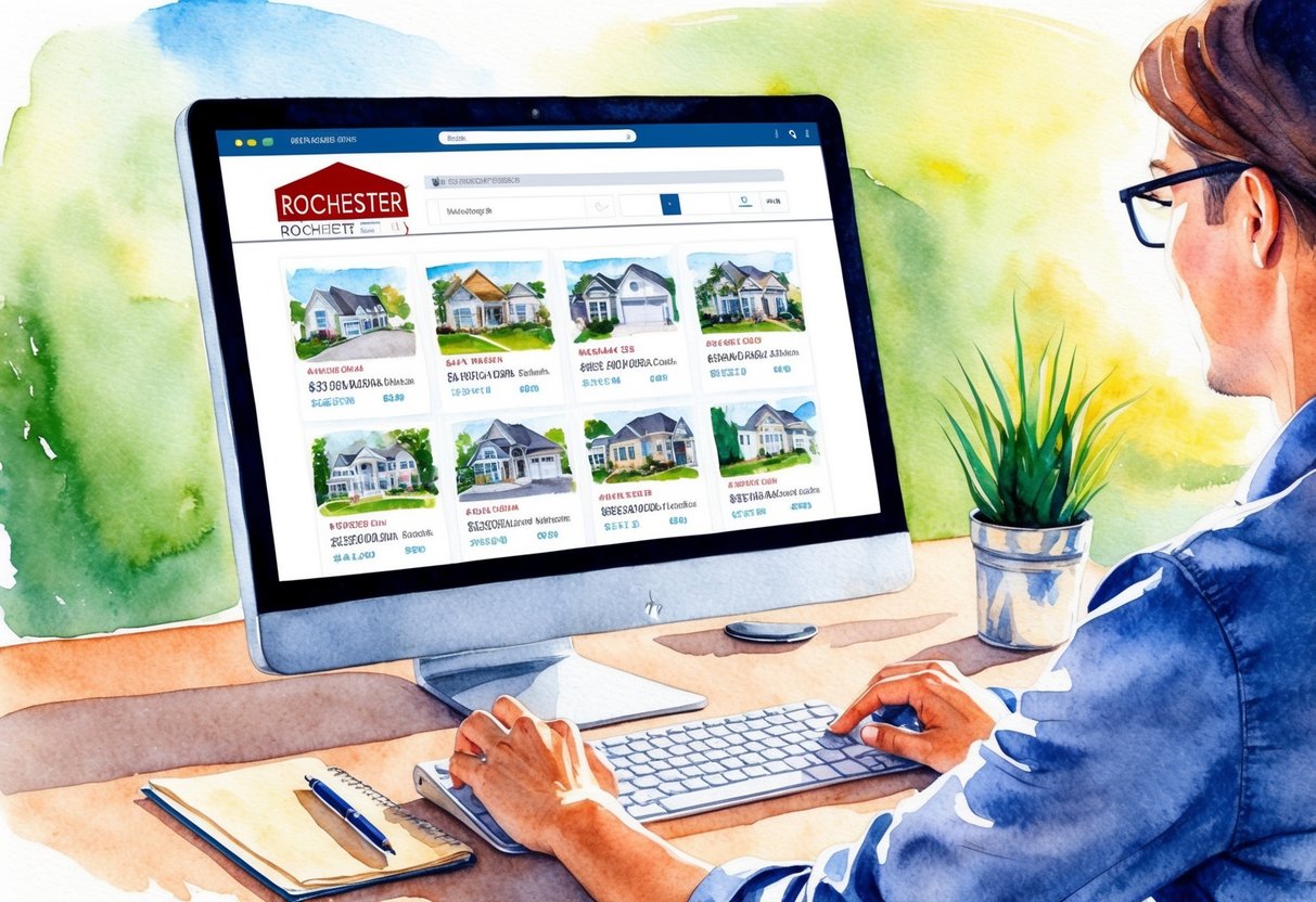 A person scrolling through a computer screen filled with real estate listings for properties in Rochester, NY