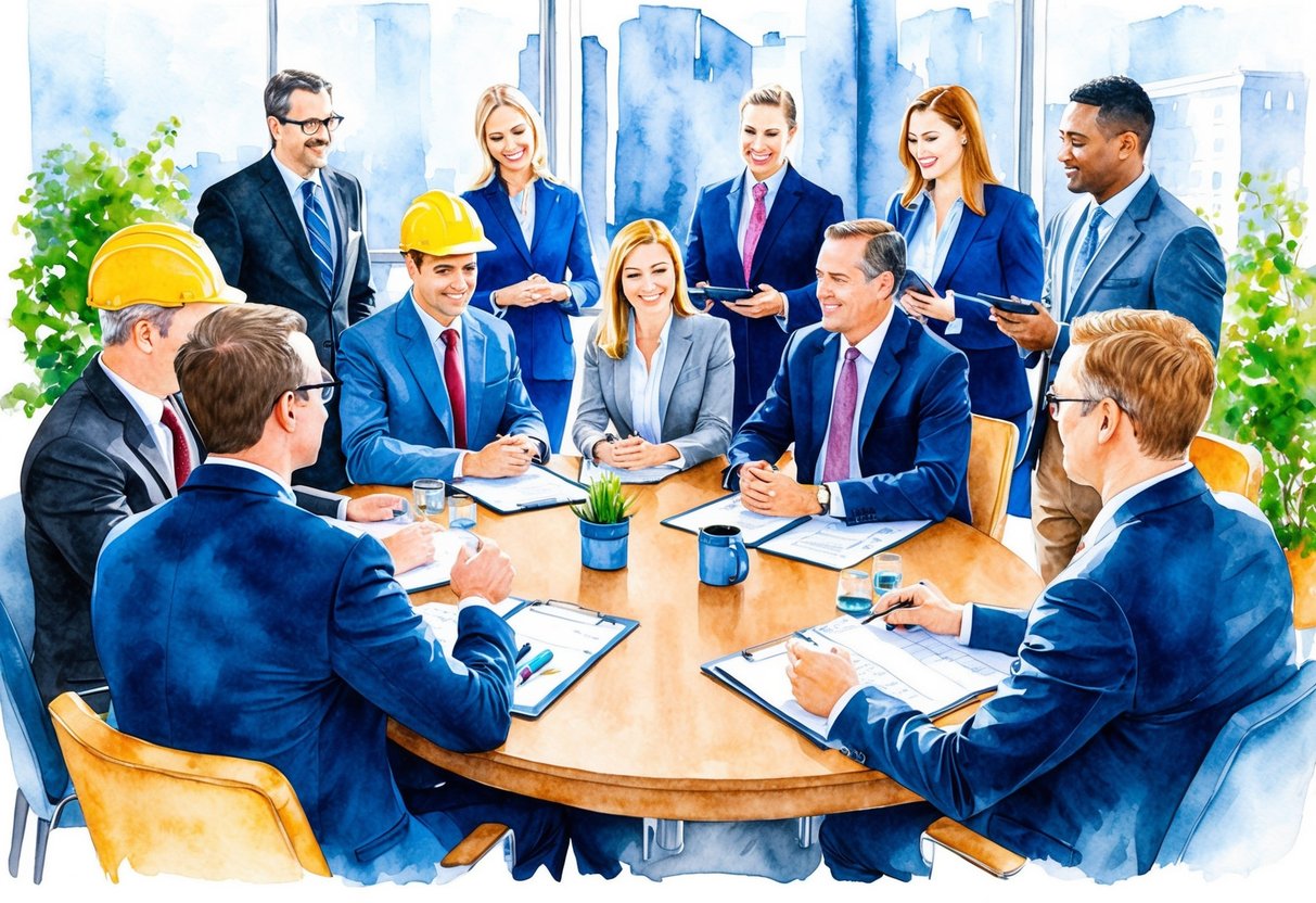 A group of professionals, including real estate agents, contractors, and financial advisors, gather around a table discussing investment opportunities in Albany, NY