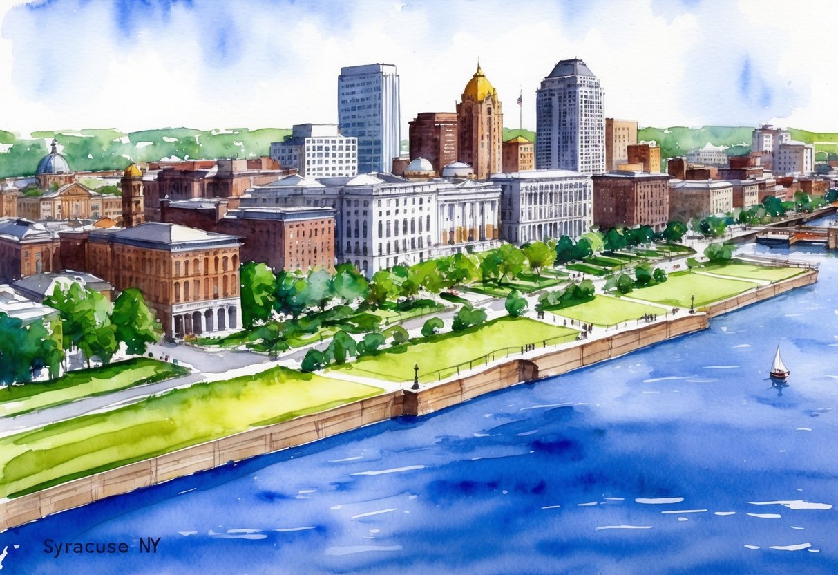 A cityscape of Syracuse, NY with a mix of historic and modern buildings, surrounded by green spaces and bordered by bodies of water