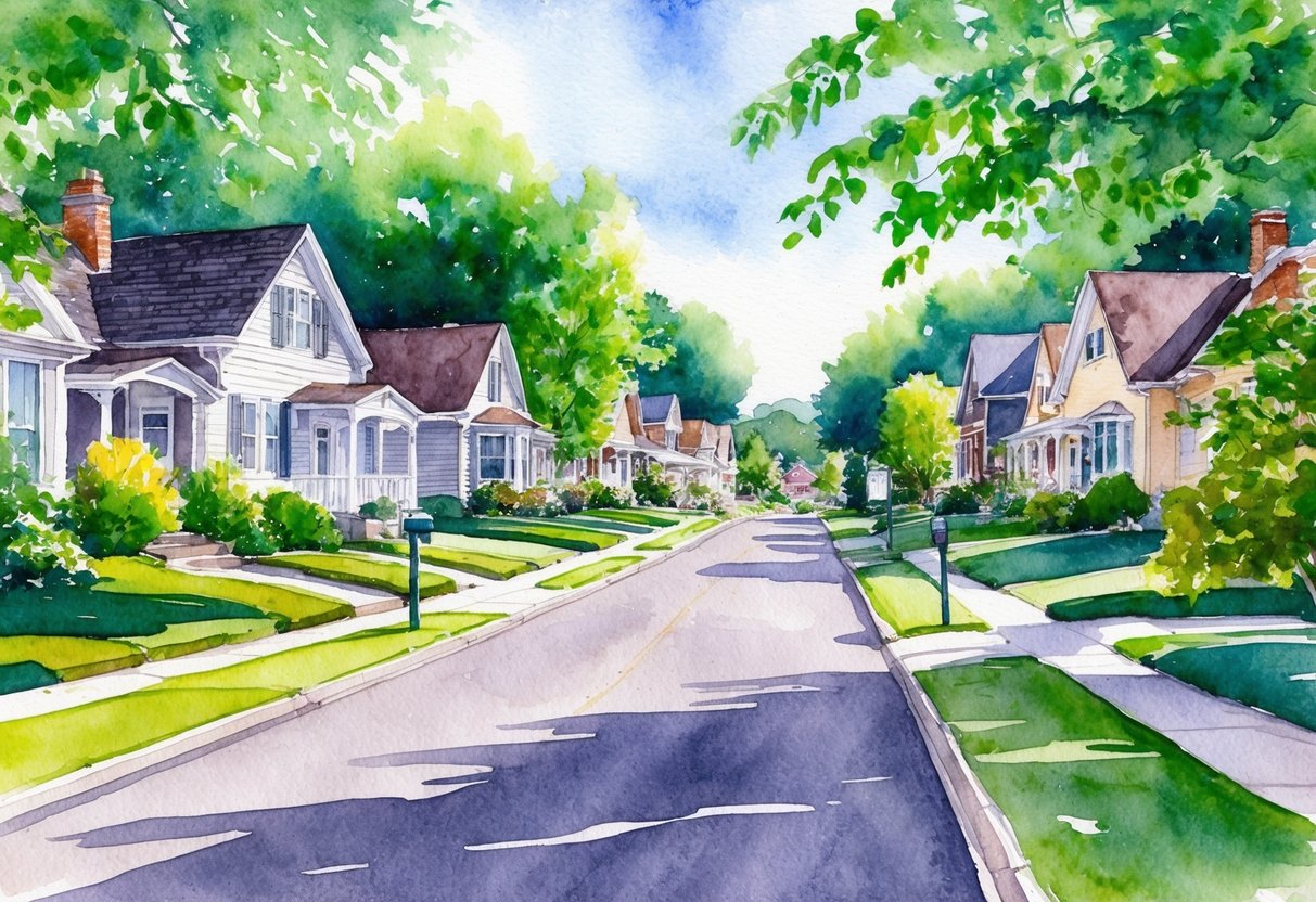 A peaceful suburban street with well-maintained homes and lush greenery, showcasing the appeal of the ideal neighborhood for real estate investing in Rochester, NY