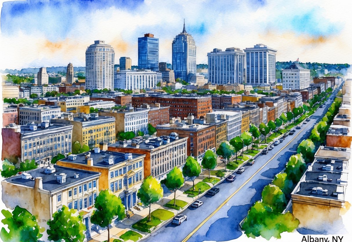 A bustling cityscape of Albany, NY with rows of diverse real estate properties and investment firms lining the streets. The skyline is dominated by tall office buildings and residential complexes, symbolizing the potential for successful real estate investing in the area