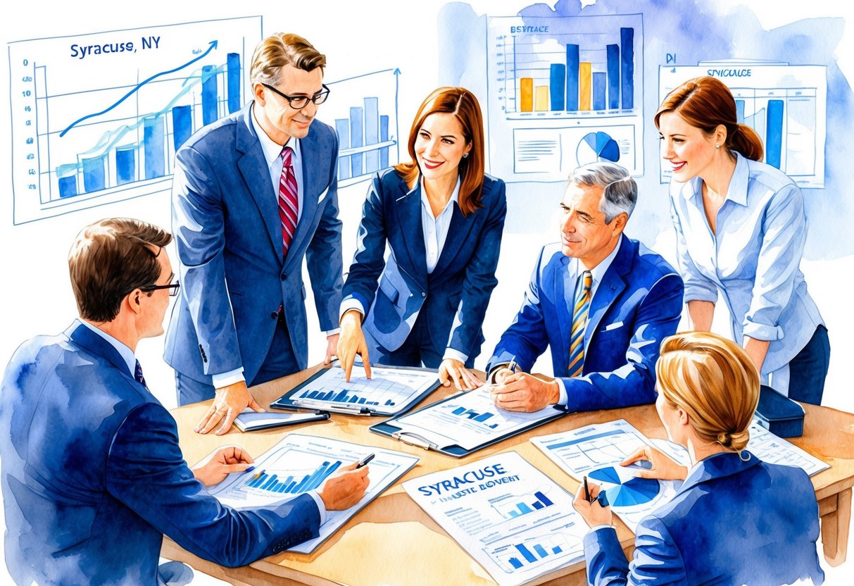 A group of professionals discussing real estate investments in Syracuse, NY, surrounded by charts, graphs, and blueprints