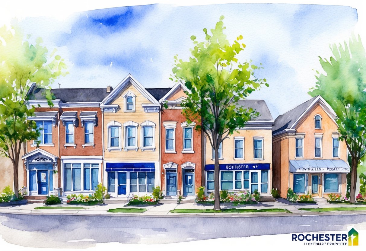 A row of diverse investment properties in Rochester, NY, including single-family homes, multi-unit buildings, and commercial spaces, surrounded by trees and well-maintained landscaping