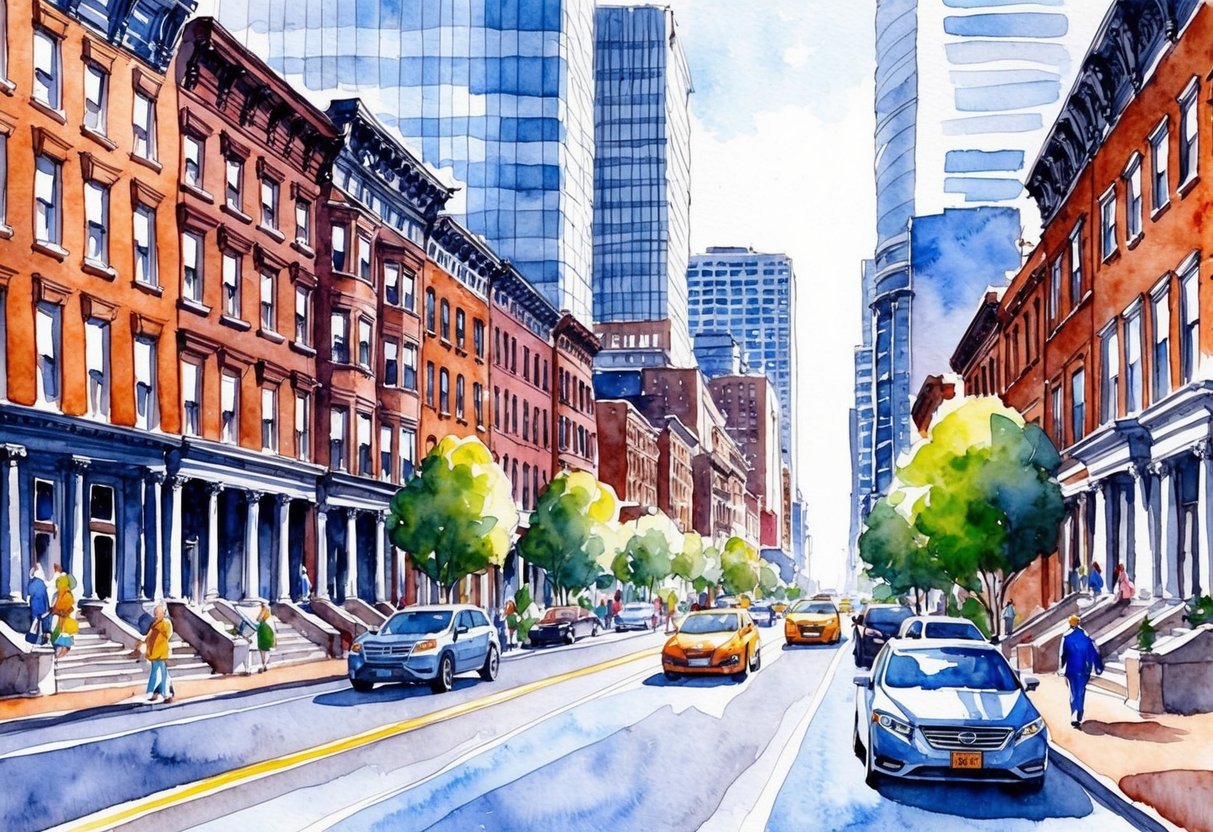 A bustling city street in Albany, NY, with rows of historic brownstone buildings and modern skyscrapers, as people walk by and cars pass through