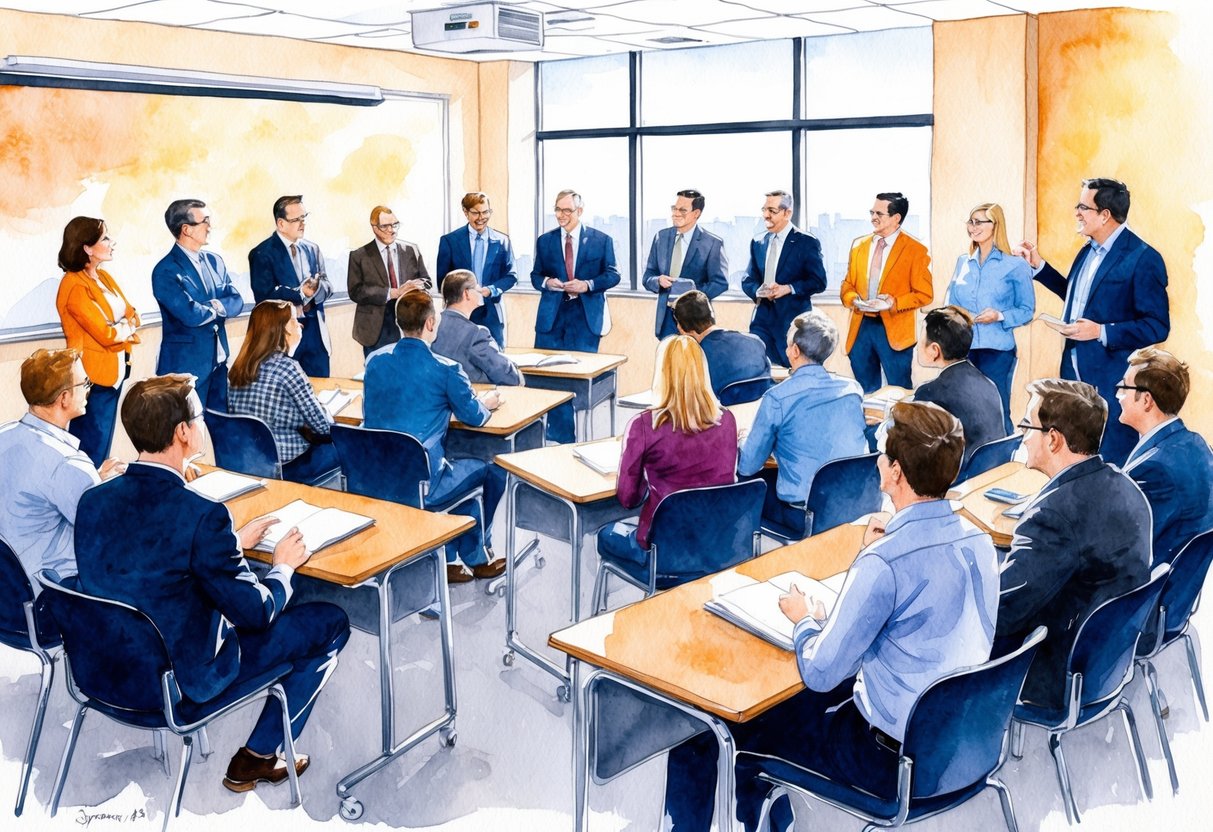 A group of people gather in a classroom, discussing real estate investment strategies. Networking event in Syracuse, NY