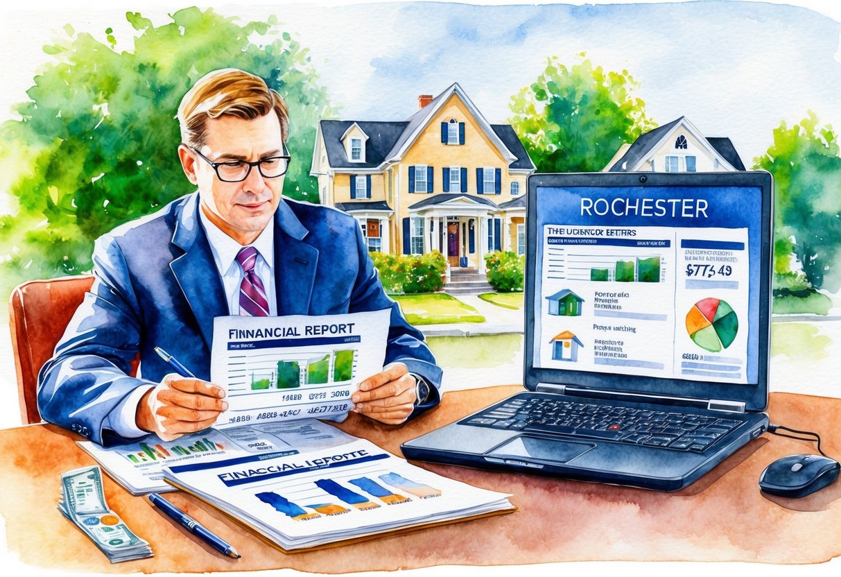 An investor reviewing financial reports and property listings for real estate in Rochester, NY