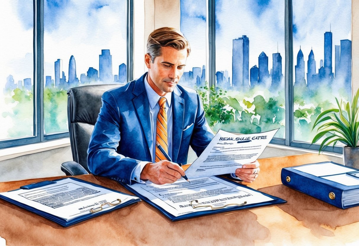 A real estate agent reviewing legal documents in an office, with a city skyline visible through the window