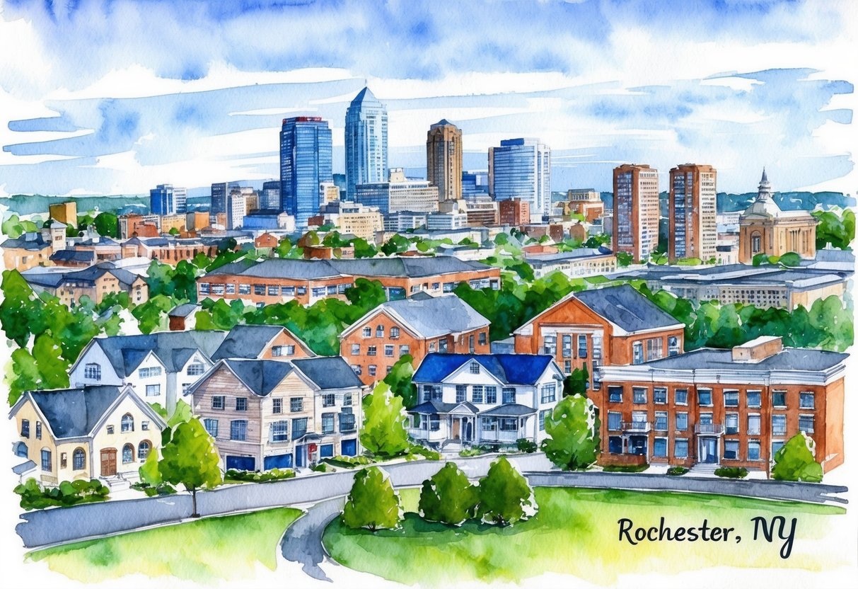 A cityscape of Rochester, NY with various real estate properties, including residential homes, commercial buildings, and investment opportunities