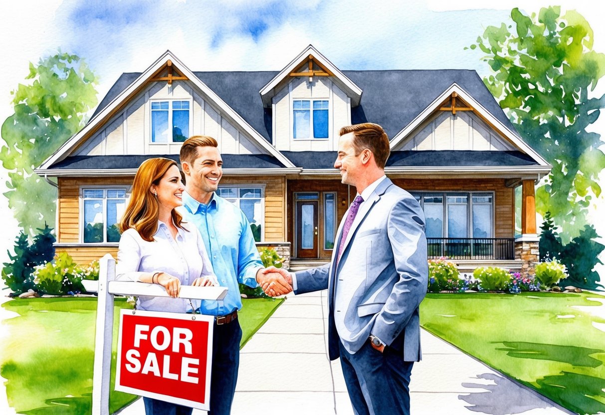 A real estate agent shows a couple a modern home in Rochester, NY, with a "For Sale" sign in the front yard